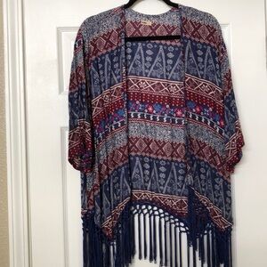 Hollister Navy and Burgundy Open Front Pattern Kimono Top with Fringe - …